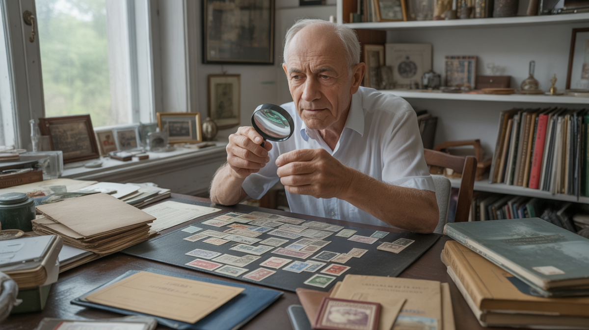 Photographie réaliste d’un homme âgé observant des timbres anciens sur un bureau en bois, dans une lumière naturelle, illustrant la passion d’un collectionneur de timbres.
