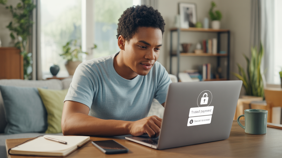 Personne réaliste achetant en ligne en toute sécurité dans un salon lumineux avec un ordinateur portable et une ambiance naturelle.