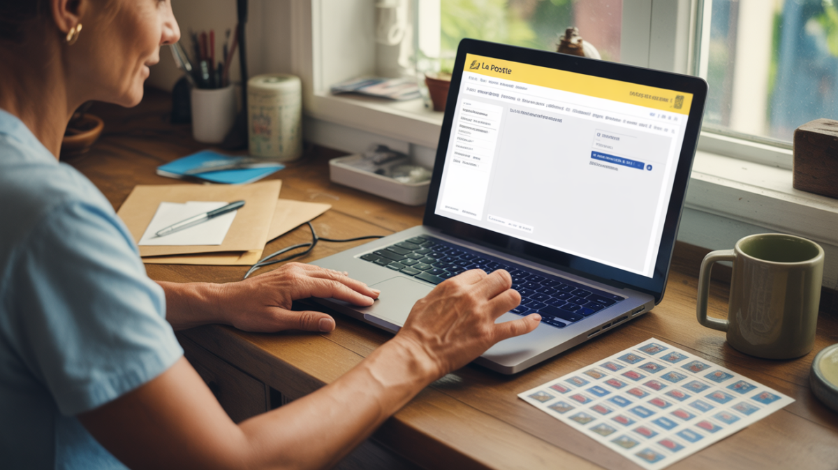 Personne achetant des timbres sur le site de La Poste depuis un bureau à domicile, avec un environnement réaliste et lumineux.