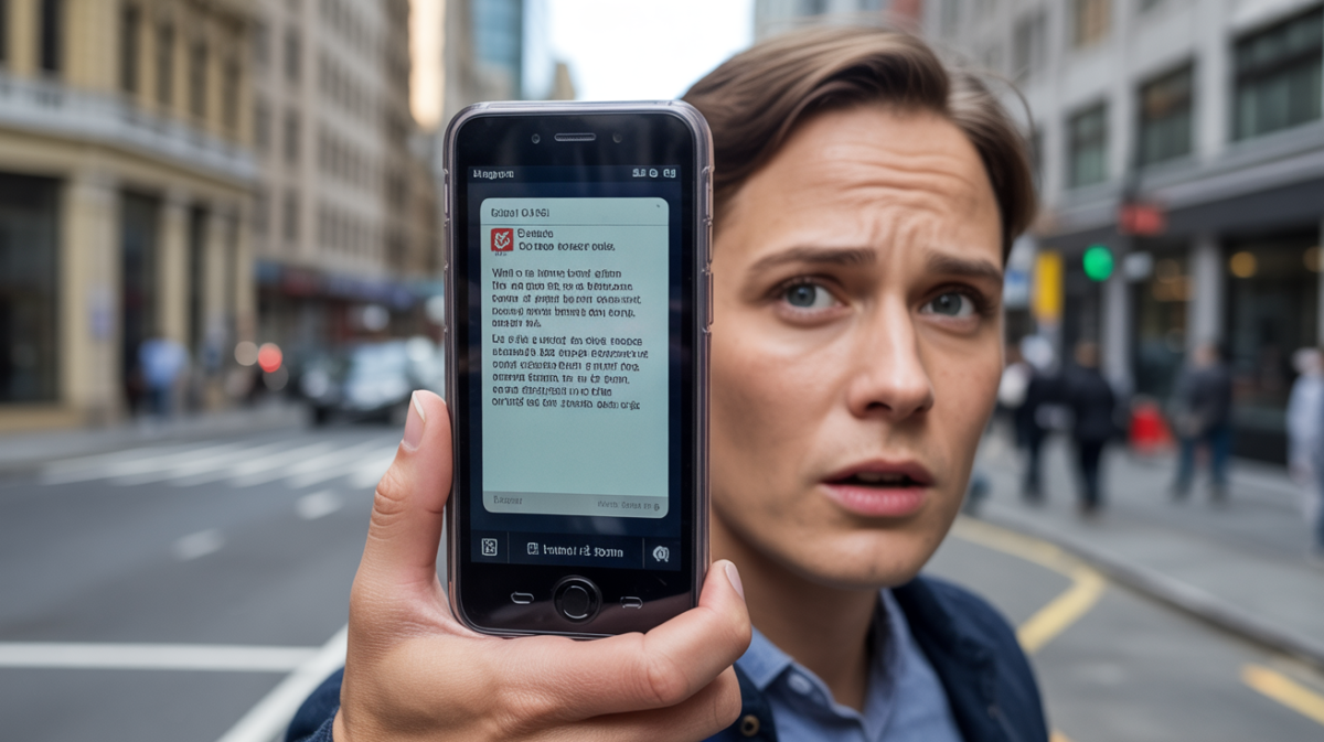 Personne regardant un faux SMS frauduleux sur son smartphone dans une rue urbaine réelle, scène naturelle et réaliste.