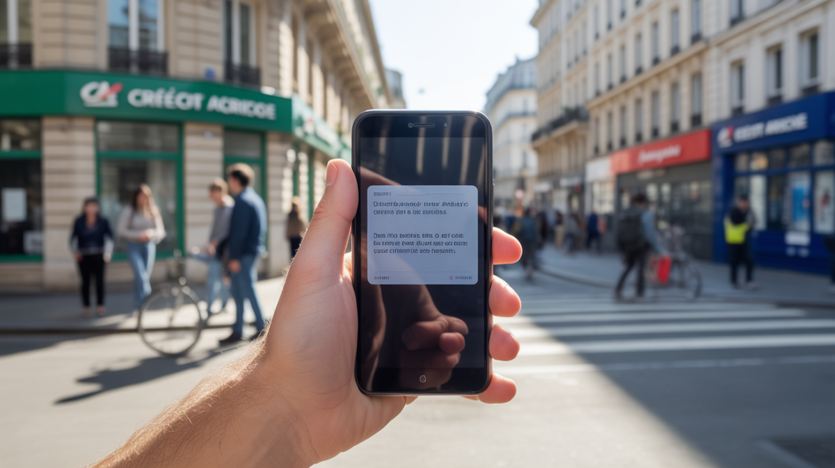 Personne tenant un smartphone avec un faux SMS de type bancaire dans une rue française réaliste, scène naturelle et authentique.