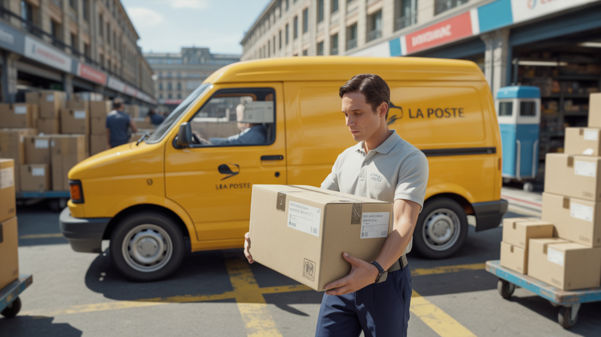 Scène réaliste d’un employé de La Poste scannant un colis devant un centre de tri actif avec un fourgon jaune et des détails authentiques.