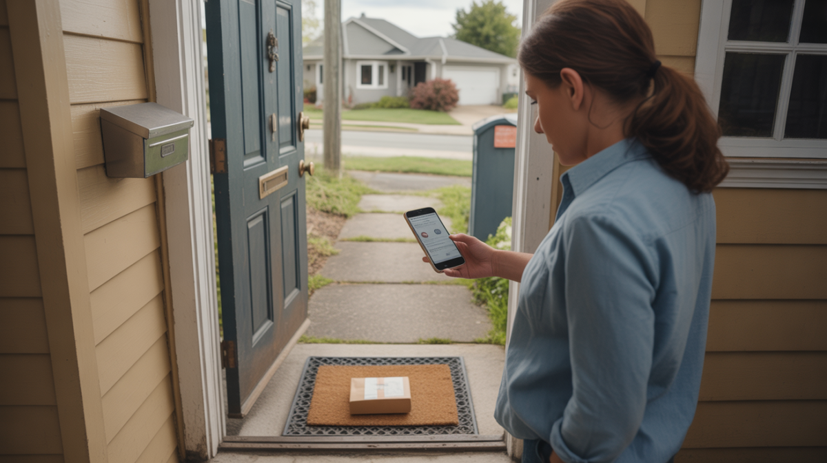 Personne découvrant l’absence d’un colis marqué comme livré devant l’entrée d’une maison réelle.