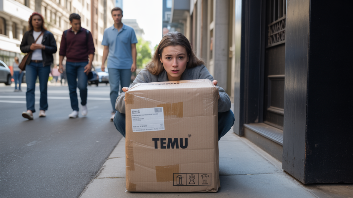 Personne ouvrant un colis Temu sur un perron en ville, observant son contenu avec curiosité et doute, dans une scène urbaine réaliste et naturelle.