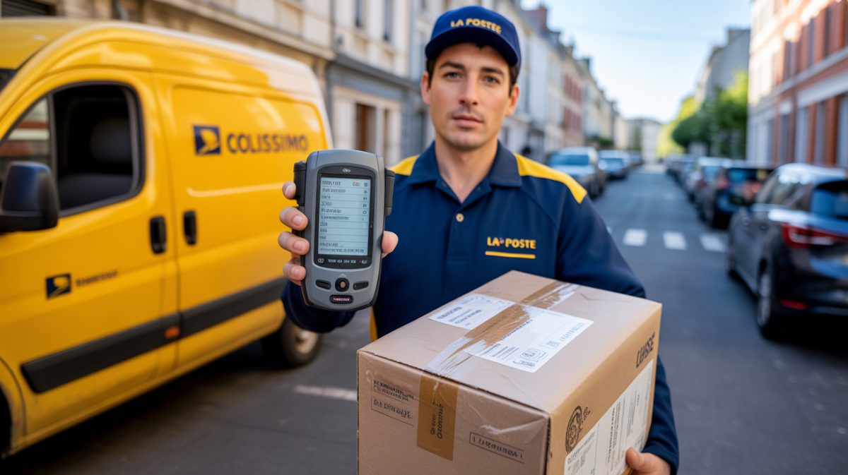Facteur Colissimo tenant un scanner de suivi en temps réel à côté d’un vrai fourgon La Poste dans une rue française authentique.