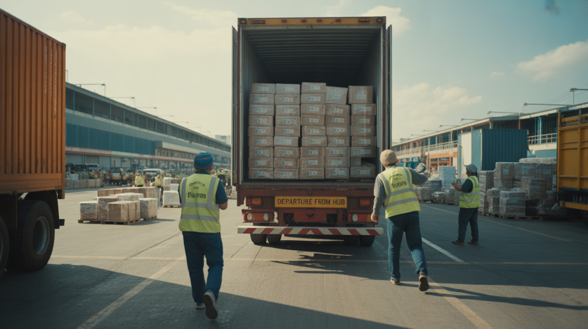 Scène réaliste d’un hub logistique international à l’aube avec des employés chargeant des colis dans un camion.