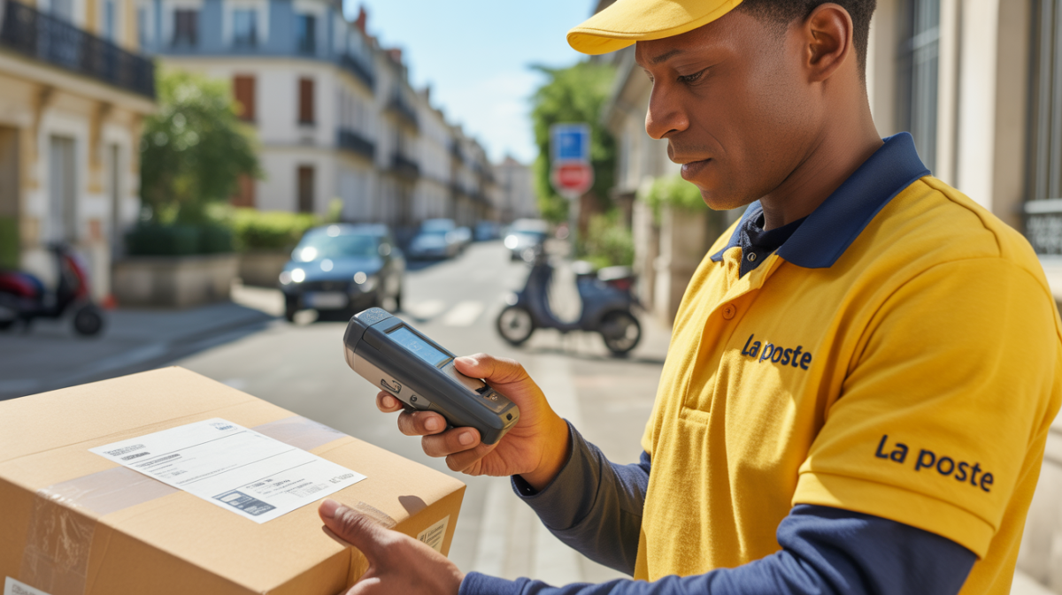 Facteur de La Poste scannant un colis devant un immeuble résidentiel français dans une scène réaliste et naturelle.