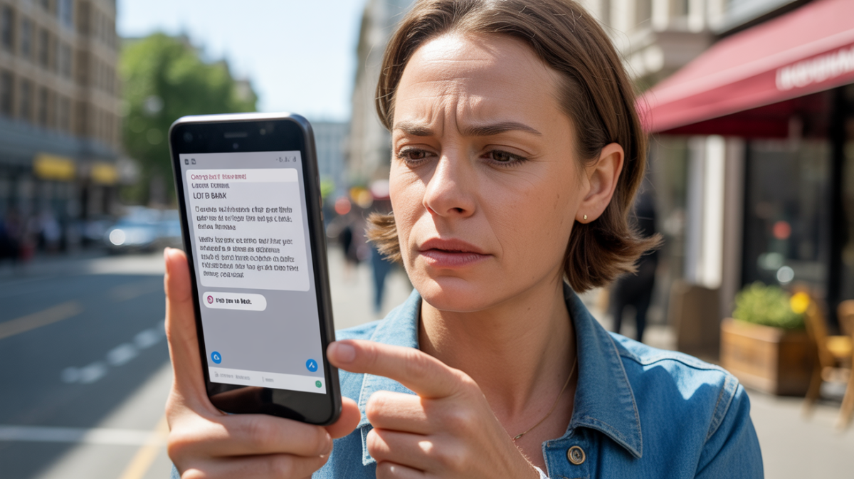 Personne tenant un smartphone en extérieur, observant un SMS suspect d’une prétendue banque dans une scène réaliste et naturelle.