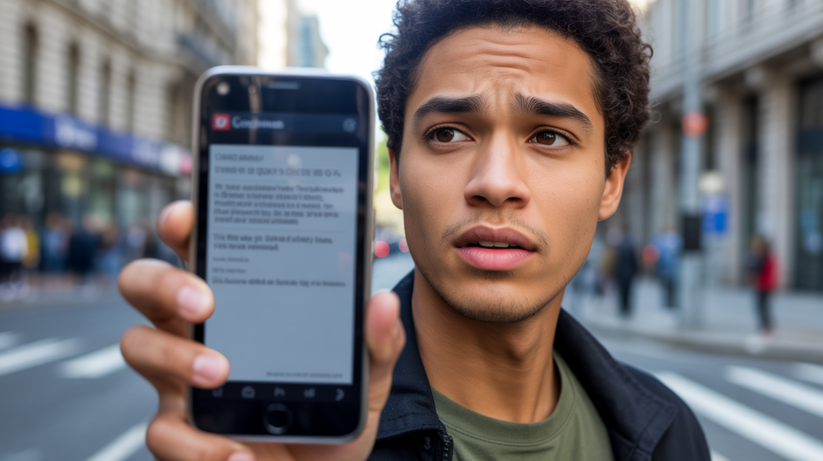 Personne recevant un faux SMS d’alerte bancaire dans une rue réelle, avec expression inquiète et scène urbaine naturelle.