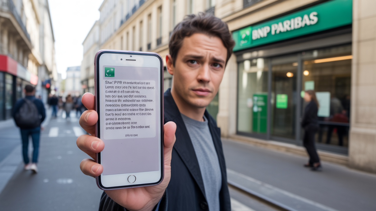 Personne examinant un faux SMS prétendant venir de BNP Paribas devant une vraie agence en ville, scène réaliste et naturelle.