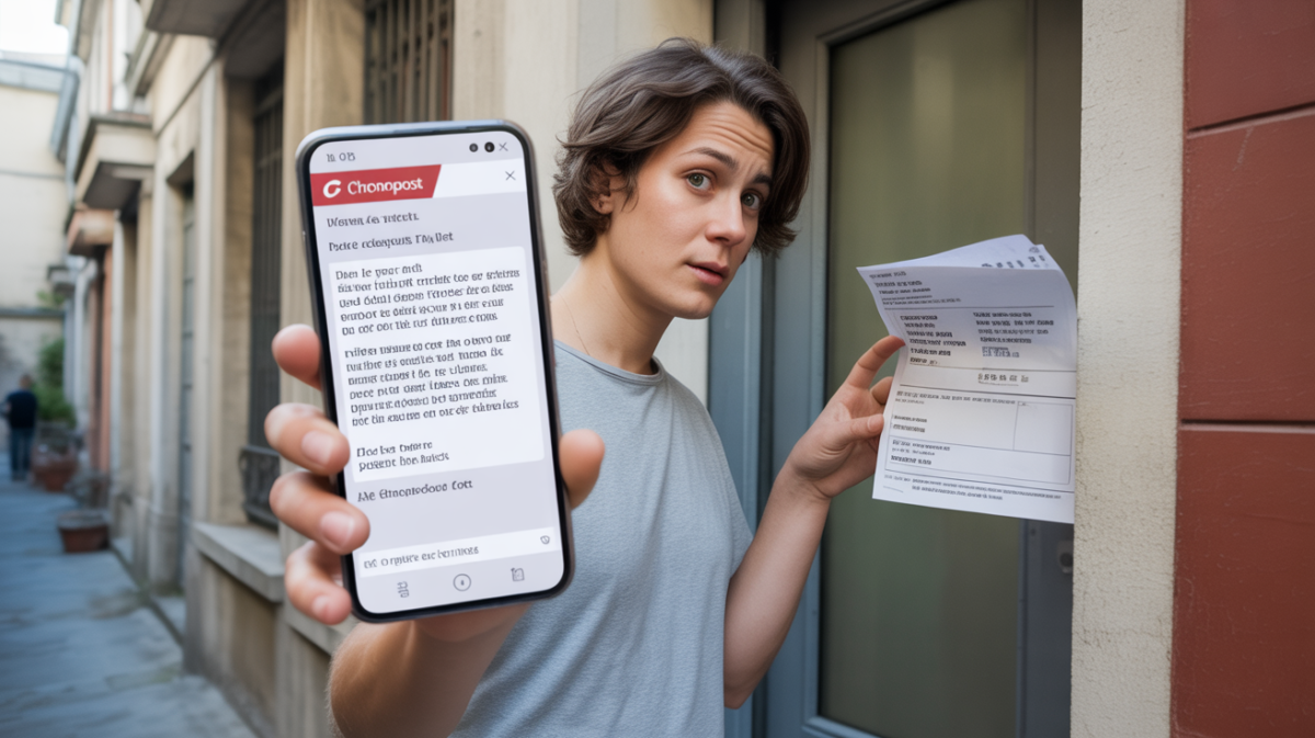 Personne recevant un faux SMS de livraison à leur porte dans un hall d’immeuble français, comparant le message suspect avec un avis de passage réel.