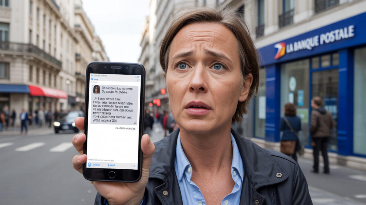 Personne devant une agence La Banque Postale consultante un faux SMS d’arnaque sur son smartphone dans une scène de rue réaliste.