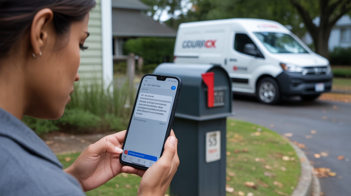 Personne vérifiant un faux SMS de livraison sur son smartphone devant sa maison près d’une boîte aux lettres, avec un véritable fourgon de livraison en arrière-plan.