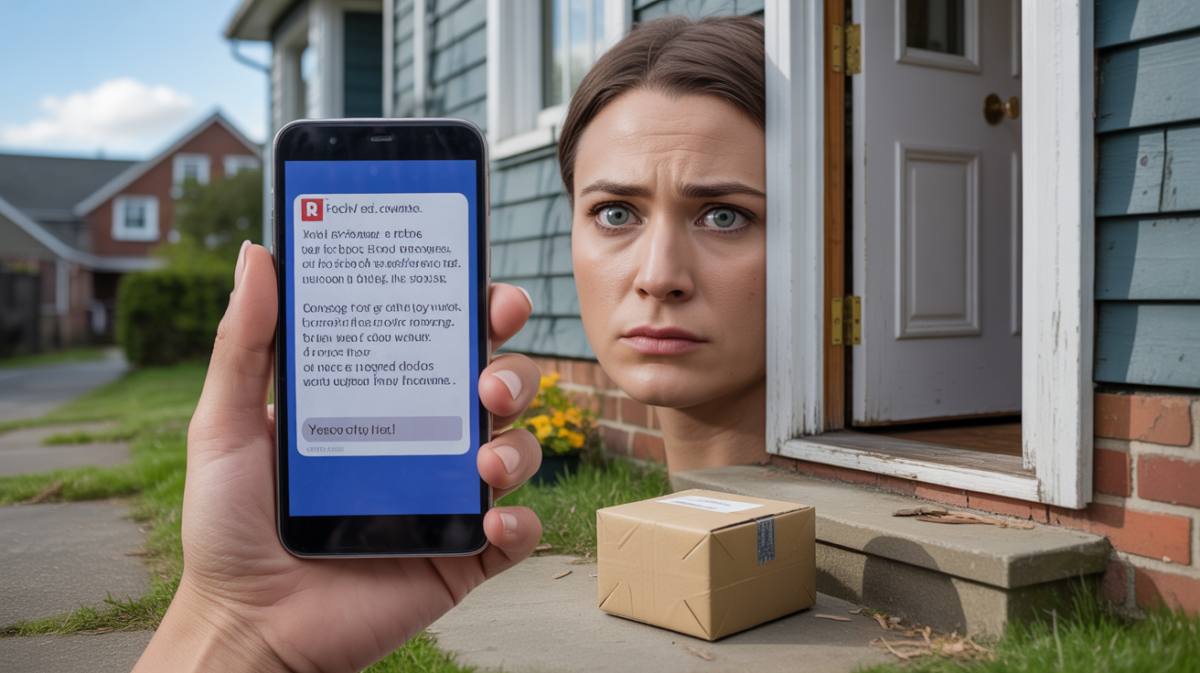 Personne sur le pas d’une porte regardant un SMS suspect de livraison sur son téléphone, avec un colis réel au sol et une scène extérieure réaliste.