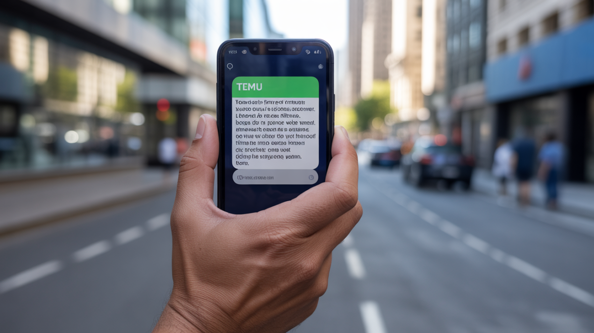 Personne tenant un smartphone affichant un faux SMS de type arnaque Temu dans une rue réelle, avec une scène authentique et des détails naturels.