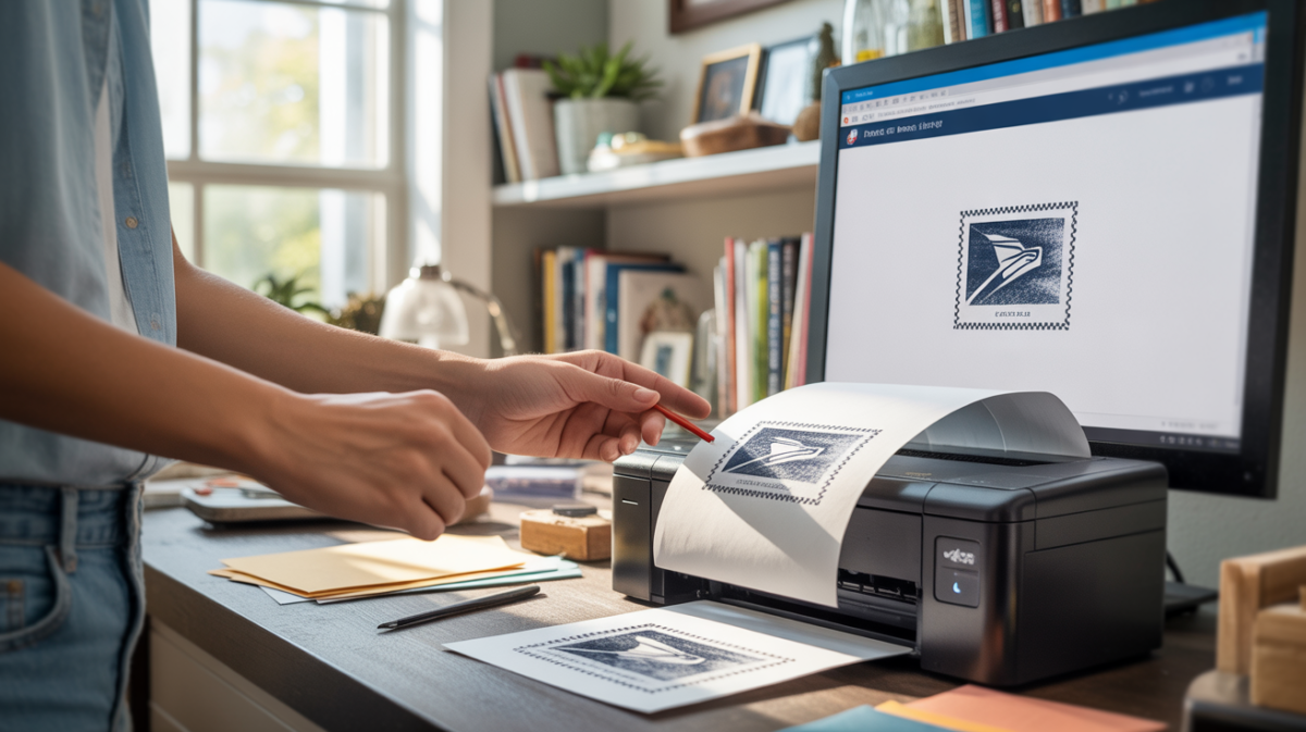 Scène réaliste d’une personne imprimant un timbre chez elle avec un bureau lumineux et des détails authentiques.