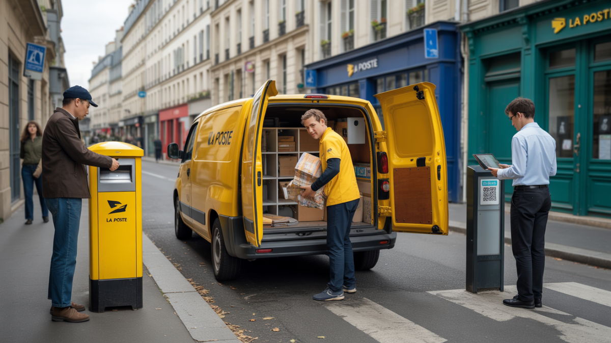 Scène réaliste d un facteur de La Poste triant des colis dans une rue parisienne authentique avec camionnette jaune et services postaux modernes.
