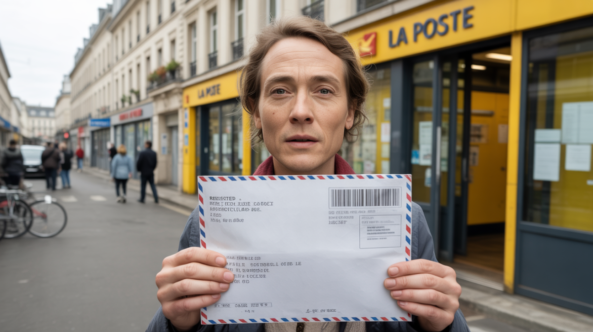Scène réaliste devant un bureau de poste français où une personne tient une lettre recommandée prête à être envoyée, dans un environnement authentique et naturel.