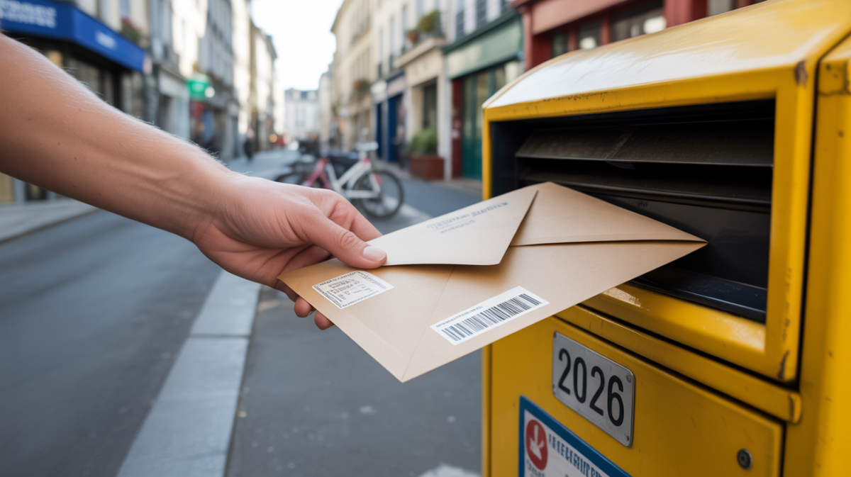 Personne glissant une lettre suivie dans une boîte postale jaune dans une rue française réaliste en 2026.