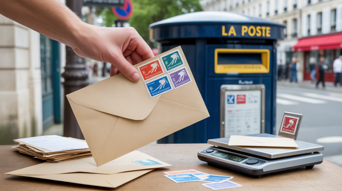 Scène réaliste montrant une personne pesant une lettre et y collant plusieurs timbres près d’une vraie boîte aux lettres La Poste dans une rue française.