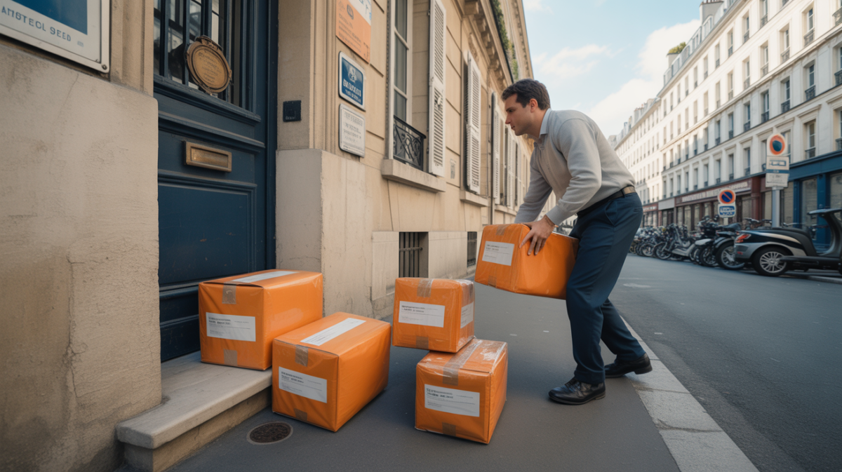 Scène réaliste d’un livreur déposant des colis orange devant un immeuble parisien, évoquant l’attente des livraisons en France.