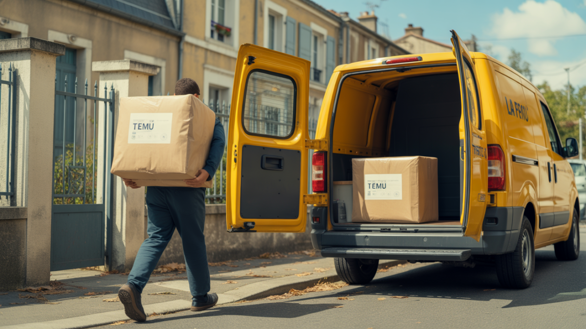 Scène réaliste d’un livreur apportant un colis Temu dans un quartier résidentiel français avec une camionnette de livraison réelle et une ambiance de vie quotidienne.