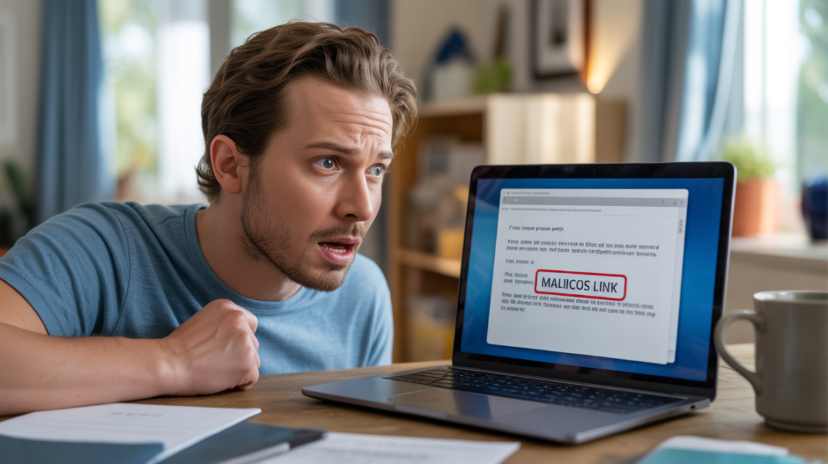 Personne devant un ordinateur découvrant un lien de phishing, dans une scène réaliste et naturelle.