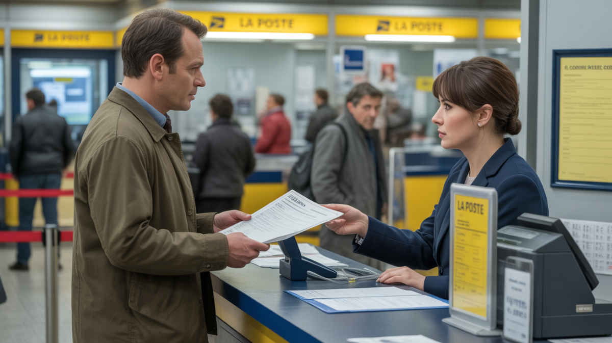 Scène réaliste dans un bureau de La Poste où un client remet une réclamation à un employé, avec un décor authentique et des détails naturels.