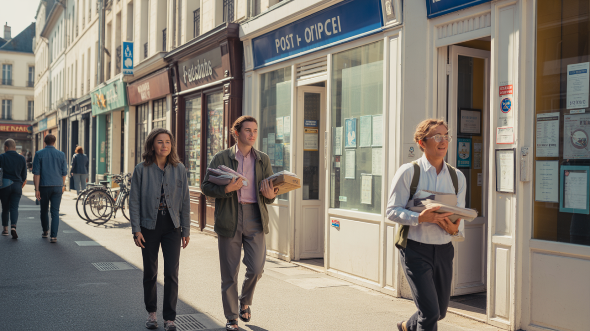 Scène réaliste d'une poste française avec des passants et une atmosphère de matinée active.