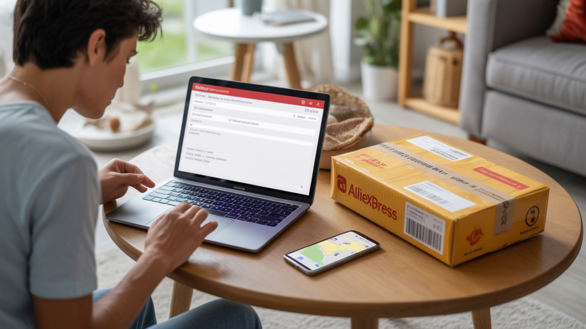 Personne dans un appartement français suivant la livraison d’un colis AliExpress fraîchement reçu, avec un ordinateur et un téléphone affichant le suivi.