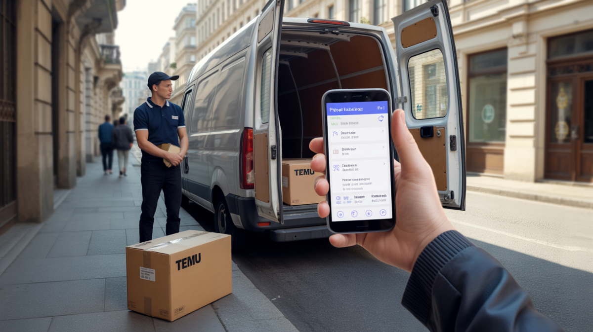 Scène réaliste d’un livreur consultant le suivi en temps réel d’un colis Temu avec un smartphone dans une rue urbaine authentique.