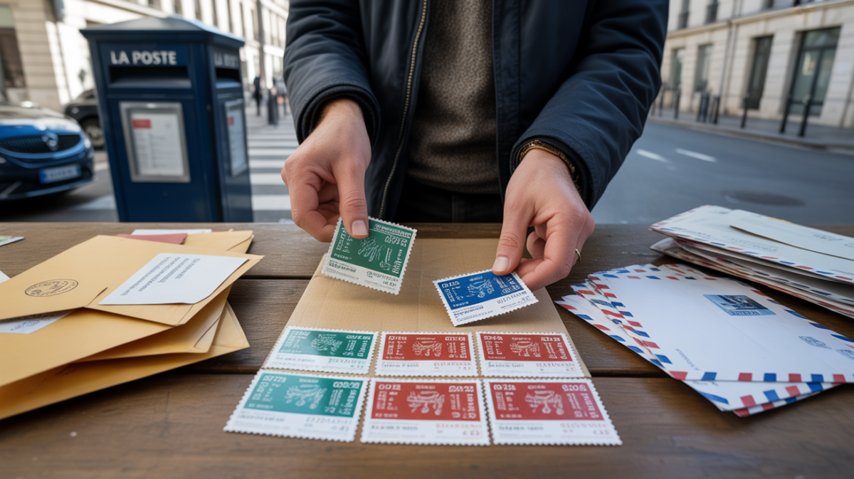 Mains triant des timbres français variés sur une table en bois avec en arrière-plan une vraie boîte aux lettres La Poste et une scène de rue naturelle.