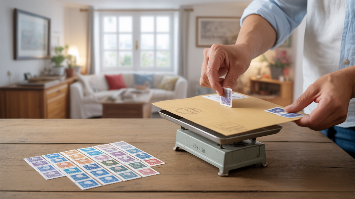 Scène réaliste montrant un bureau en bois avec des timbres français, une enveloppe sur une balance postale et des mains plaçant des timbres.