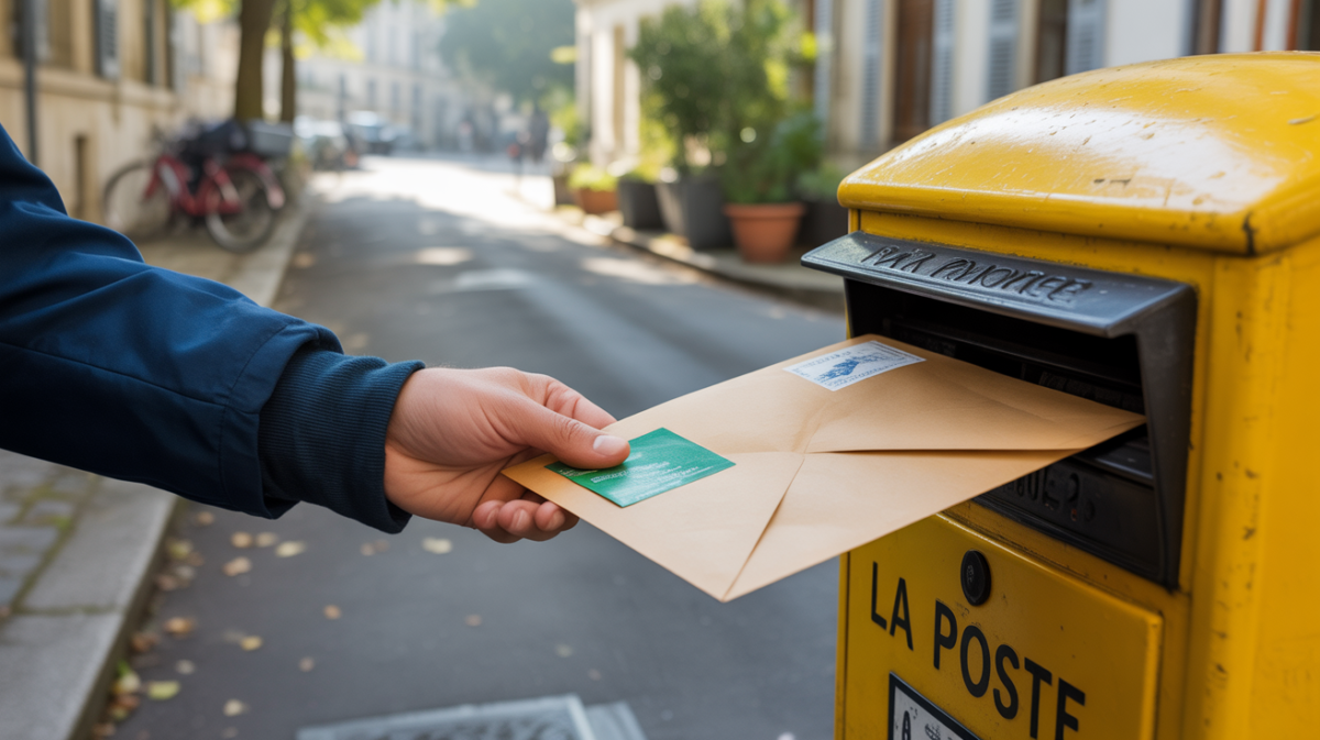 Facteur déposant une lettre affranchie avec un timbre vert dans une boîte aux lettres jaune en rue résidentielle française.
