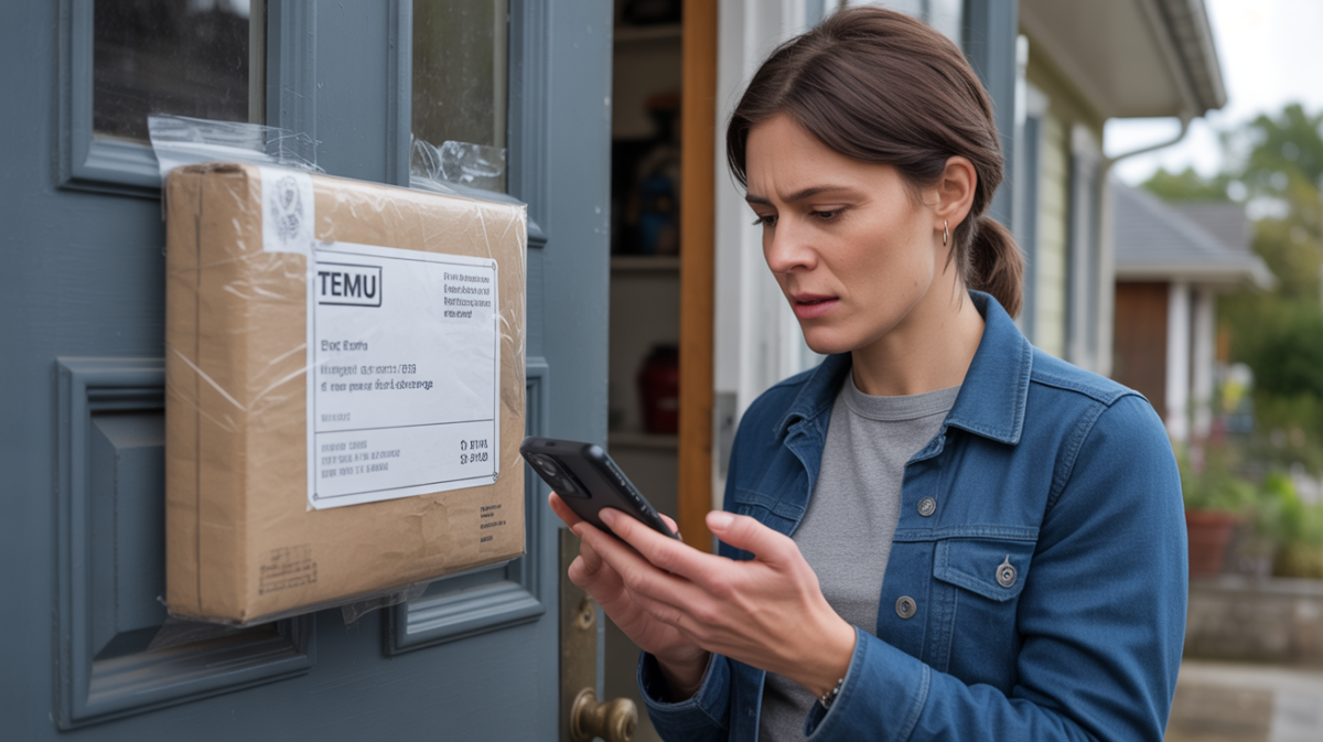 Personne vérifiant un colis suspect devant sa maison avec un air préoccupé.