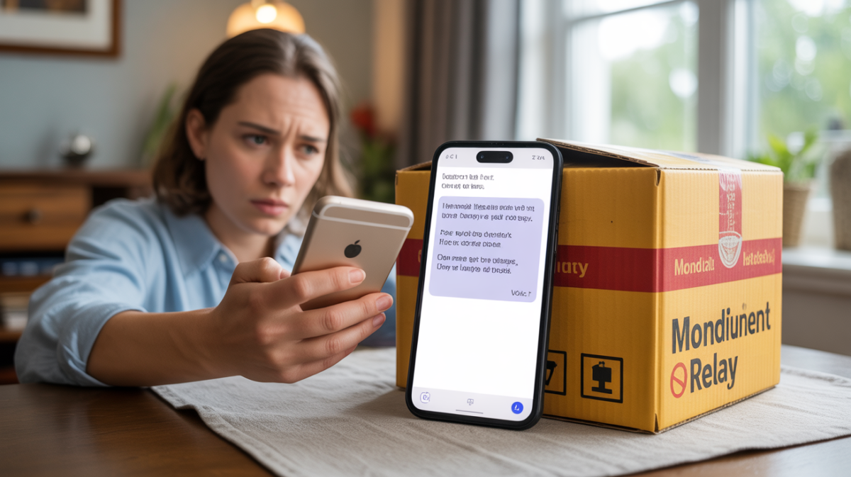 Personne examinant un SMS suspect de livraison à domicile avec un colis réel posé sur une table, dans une scène naturelle et réaliste.