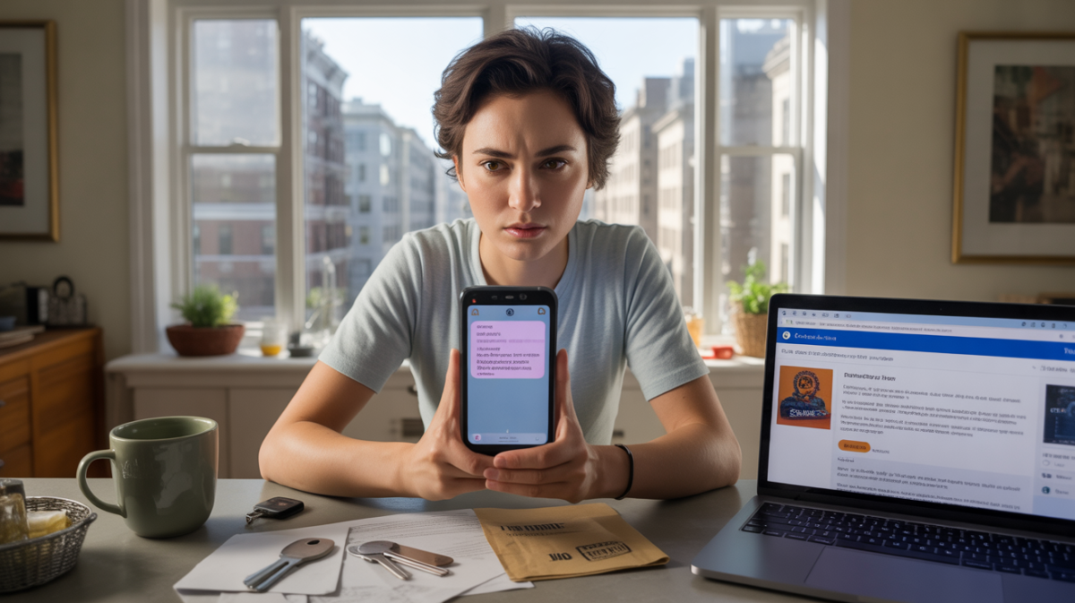 Personne préoccupée regardant un SMS suspect sur son smartphone dans une cuisine moderne et réaliste, avec un décor urbain naturel en arrière-plan.
