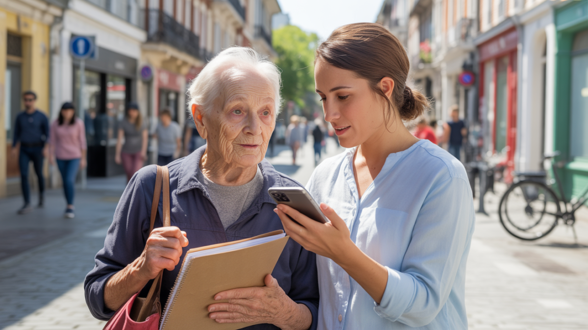 Scène réaliste montrant un senior recevant des conseils pratiques d’un conseiller dans une rue européenne ensoleillée.