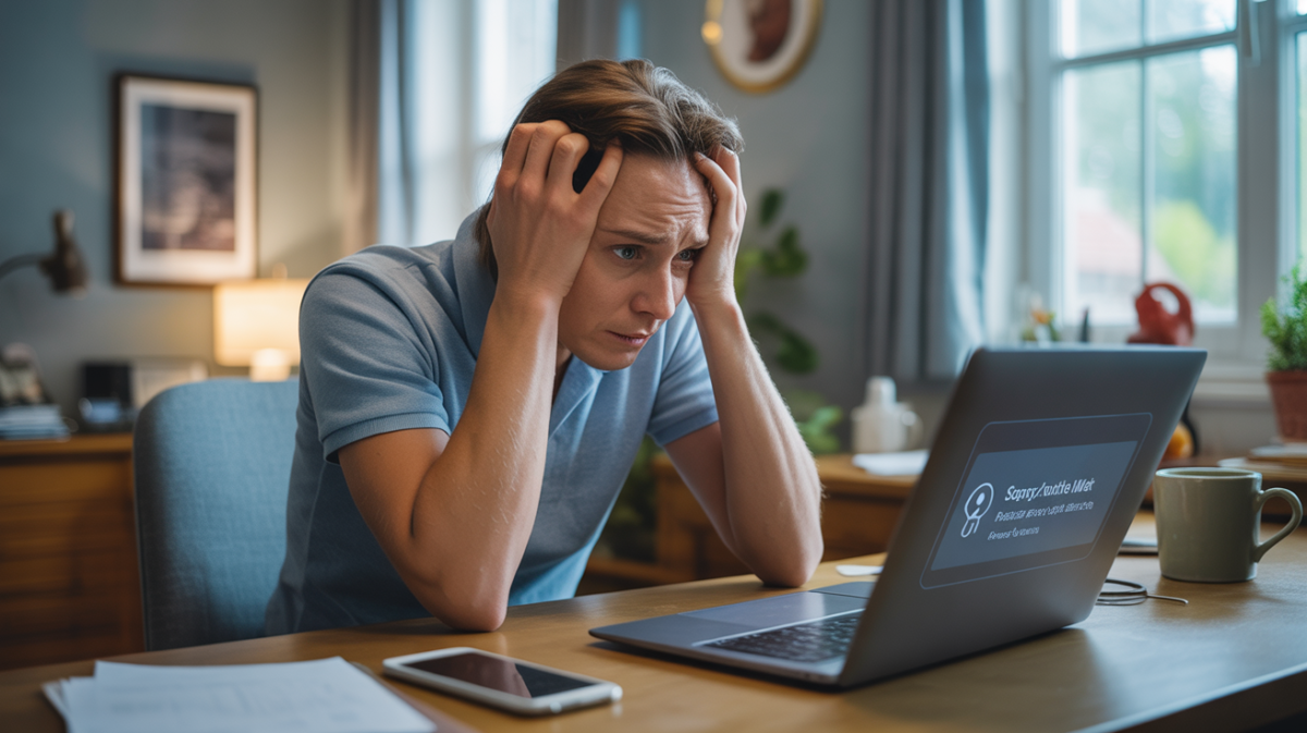 Personne inquiète devant un ordinateur recevant une alerte de sécurité, dans une scène domestique réaliste et naturelle.