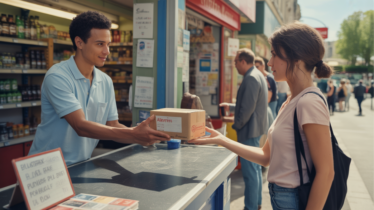 Scène réaliste dans un point relais français où une personne récupère un colis AliExpress dans une ambiance naturelle et authentique.