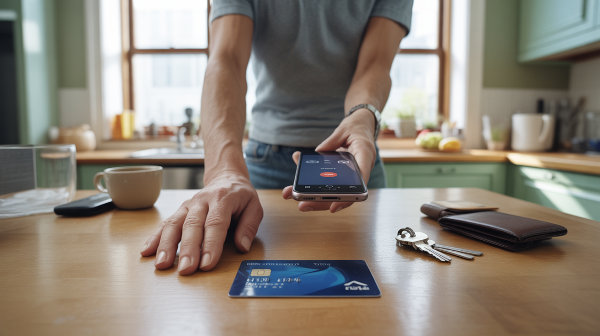 Personne appelant le service client de sa banque depuis une cuisine réaliste, avec smartphone et carte bancaire posée sur un comptoir en bois.
