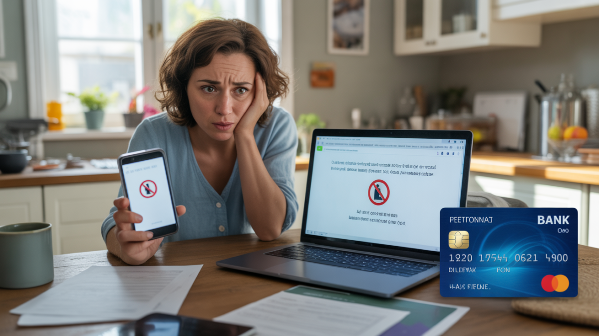 Personne inquiète à une table de cuisine moderne consultant un ordinateur affichant un site frauduleux et cherchant à se faire rembourser.