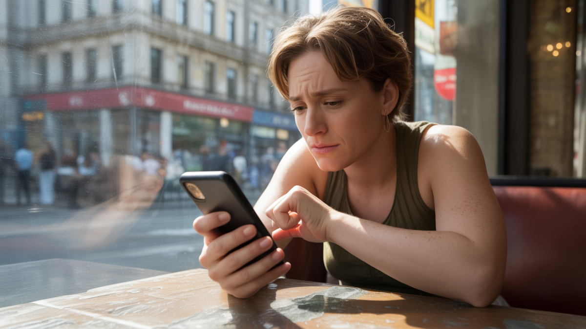 Personne assise seule dans un café urbain réel, regardant son téléphone avec un mélange de doute et d’inquiétude, scène naturelle et authentique.
