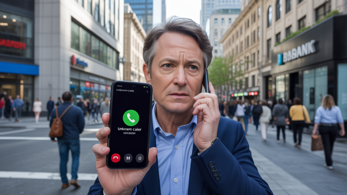 image réaliste d’une personne vigilante recevant un appel suspect devant de vrais bâtiments bancaires en ville