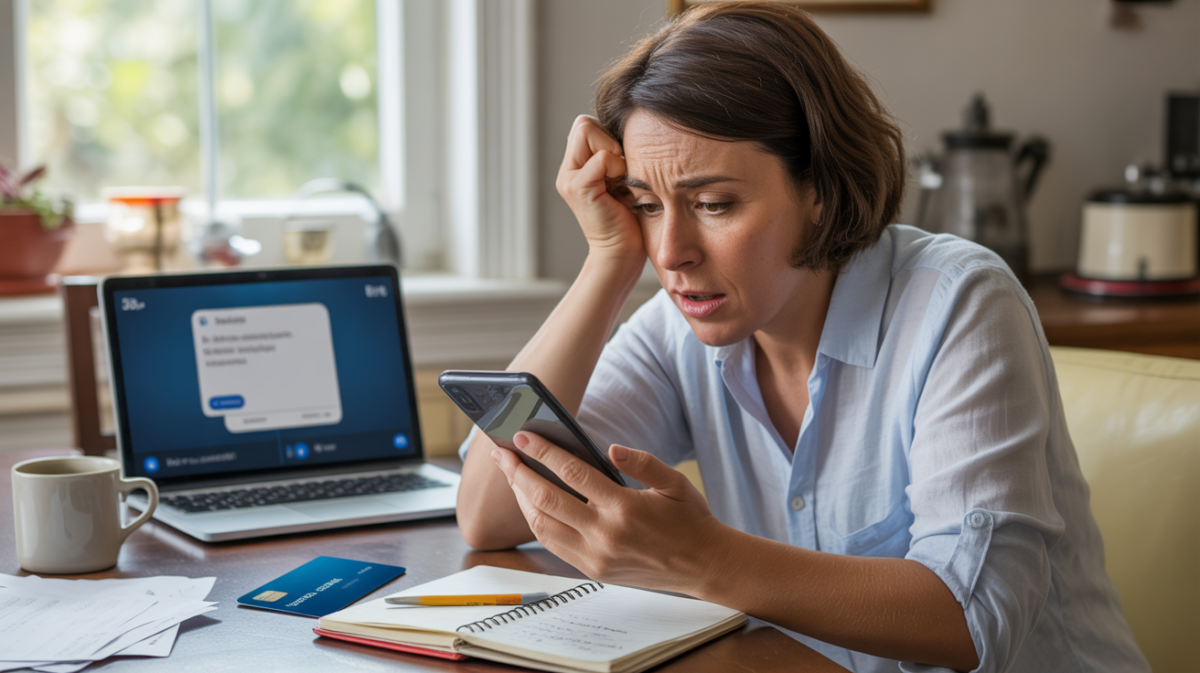 Scène réaliste d’une personne inquiète découvrant une arnaque bancaire sur son téléphone à une table de cuisine, entourée d’objets du quotidien.
