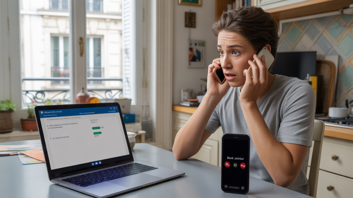 Personne anxieuse dans un appartement parisien recevant un faux appel de conseiller bancaire, avec un ordinateur affichant des signes subtils d’arnaque.