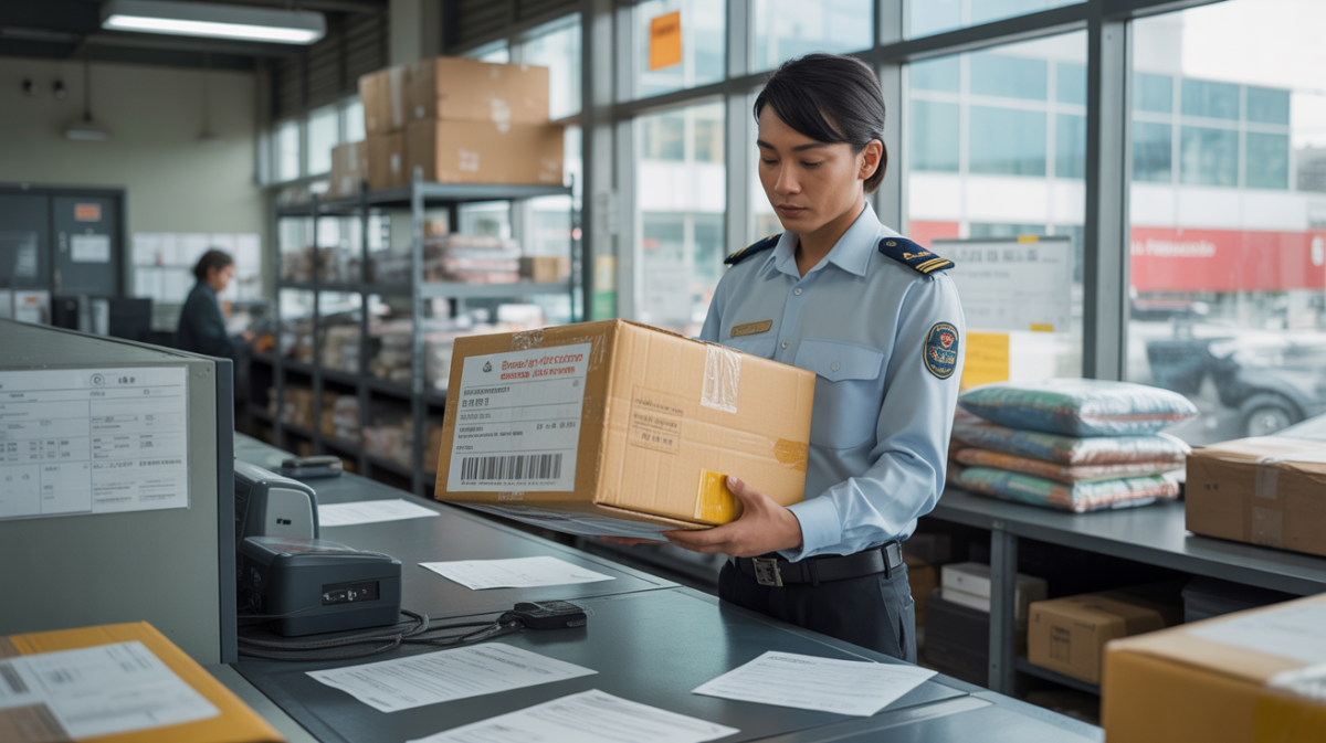 Un agent des douanes inspectant un colis international dans un centre logistique réel, avec un décor naturel et des détails authentiques.