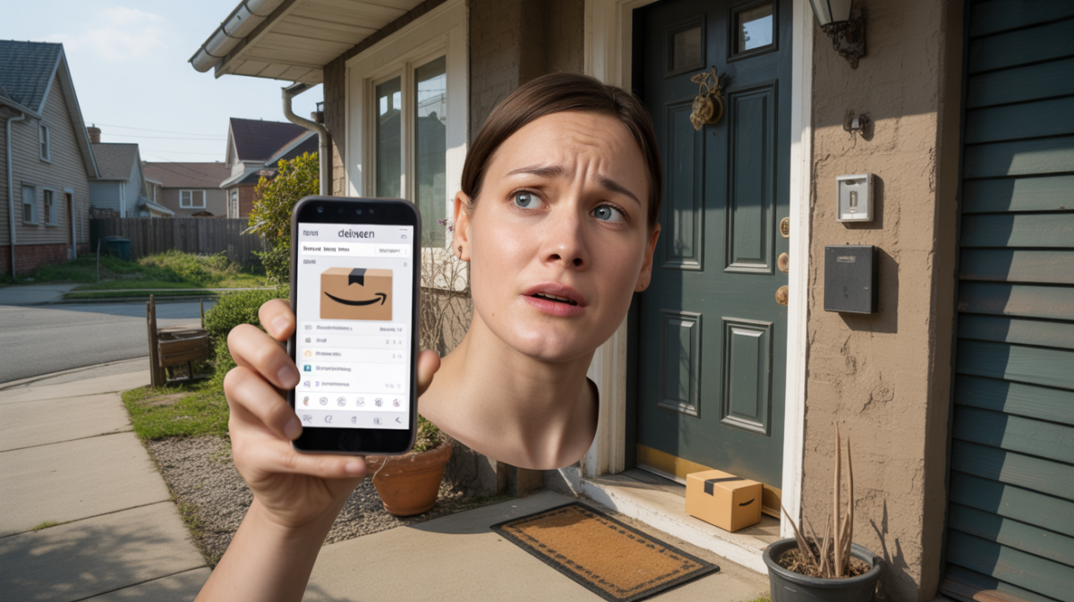 Personne inquiète devant sa porte vérifiant un suivi Amazon indiquant un colis livré alors qu’aucun paquet n’est présent, dans un décor de quartier résidentiel réaliste.