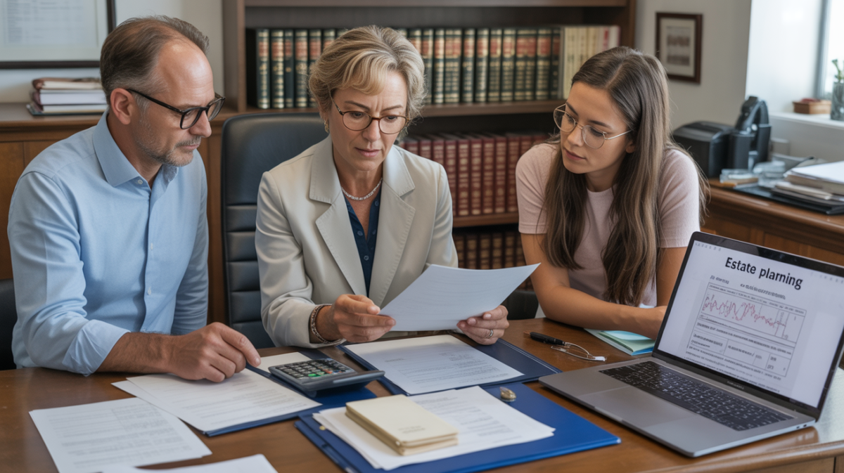 Scène réaliste dans un bureau de notaire où deux héritiers consultent des documents successoraux avec un notaire.