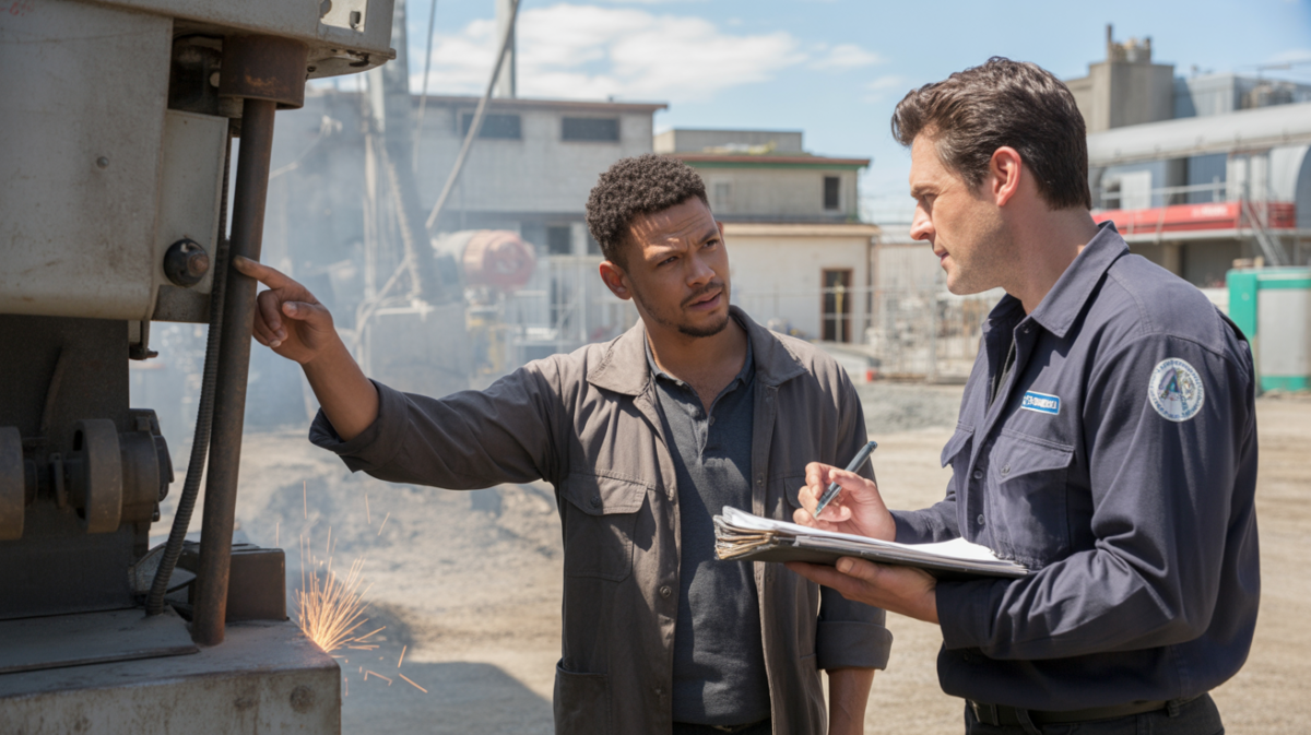 Scène réaliste sur un chantier où un ouvrier signale un danger imminent à un responsable sécurité devant des équipements industriels authentiques.
